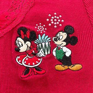 Vintage Disney Store Christmas Minnie and Mickey Mouse Embroidered Holiday Top